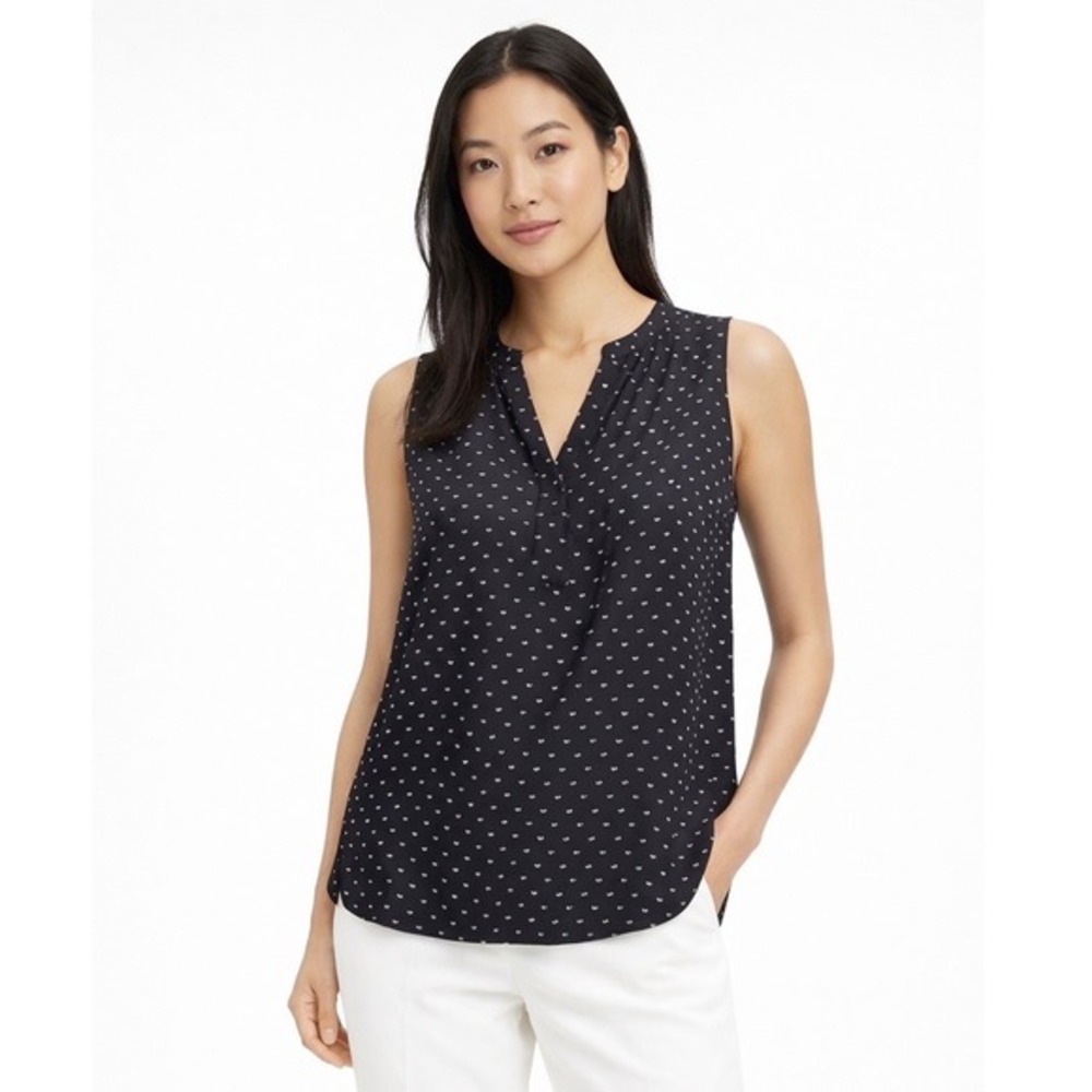 LOFT‎ Black White Heart Print Sleeveless Blouse Mixed Media S Preppy Chic 88-31
